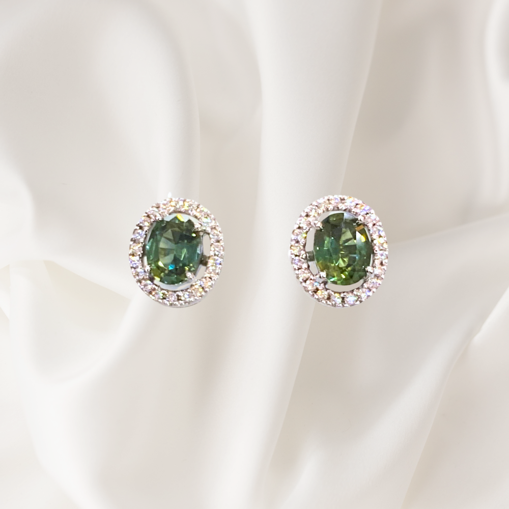 1.74 Ct Green Sapphire & 0.20 Ct Diamond Earrings in 18K White Gold