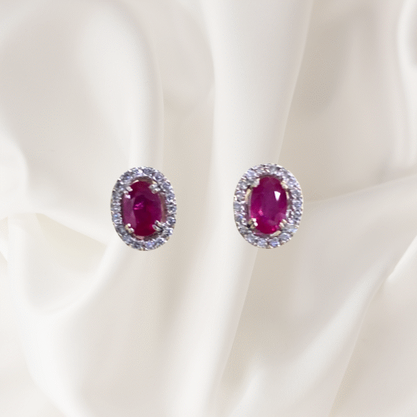 2.20 Ct Vivid Ruby & 0.90 Ct VVS1 Diamond Studs in 18K White Gold