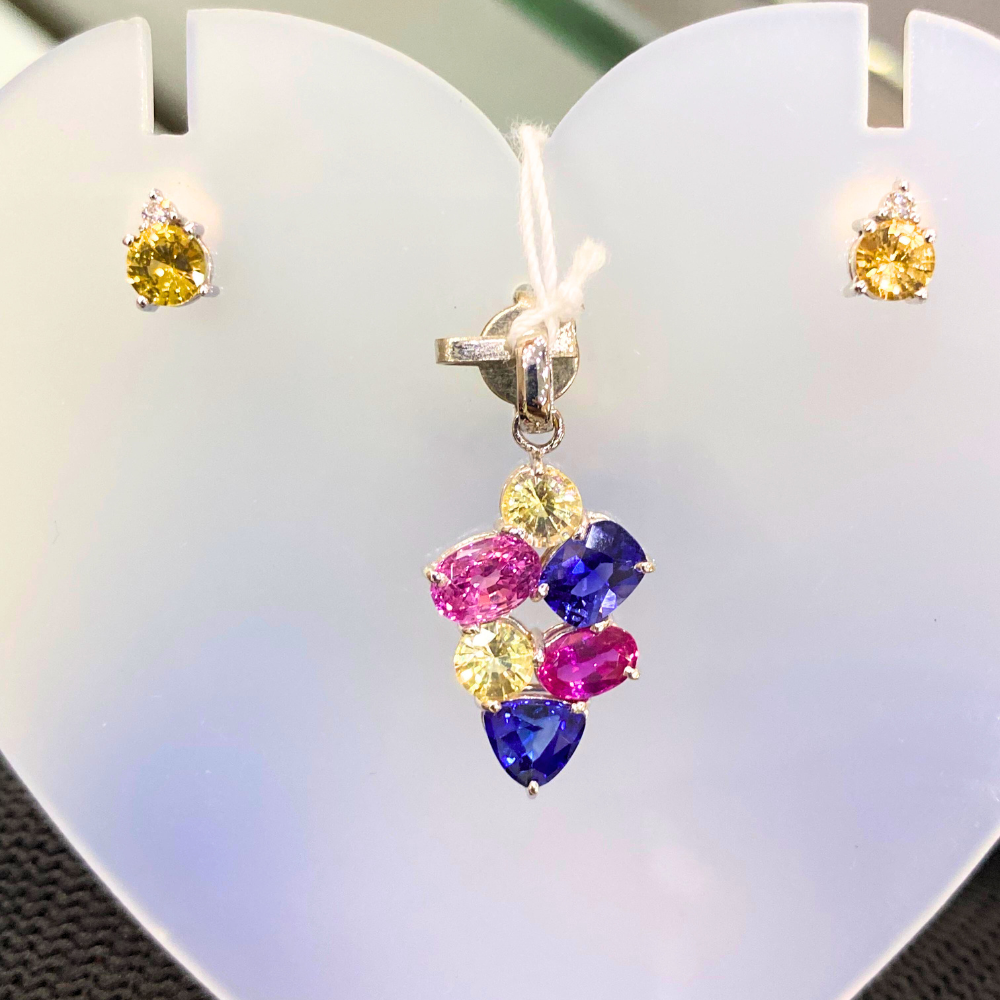 3.34 Ct Multi-Color Sapphire Pendant in 18K White Gold